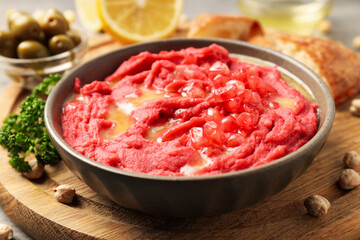 Concept of tasty food with hummus, close up