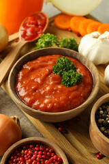 Concept of tasty food with adjika, close up