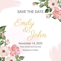 watercolor english rose with golden luxury square frame for social media or wedding invitation card template