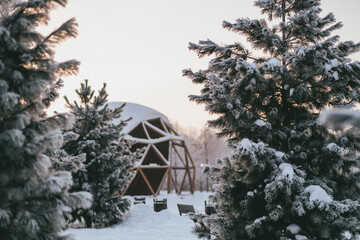 Snowy winter. Spherical house among snow-covered fir trees