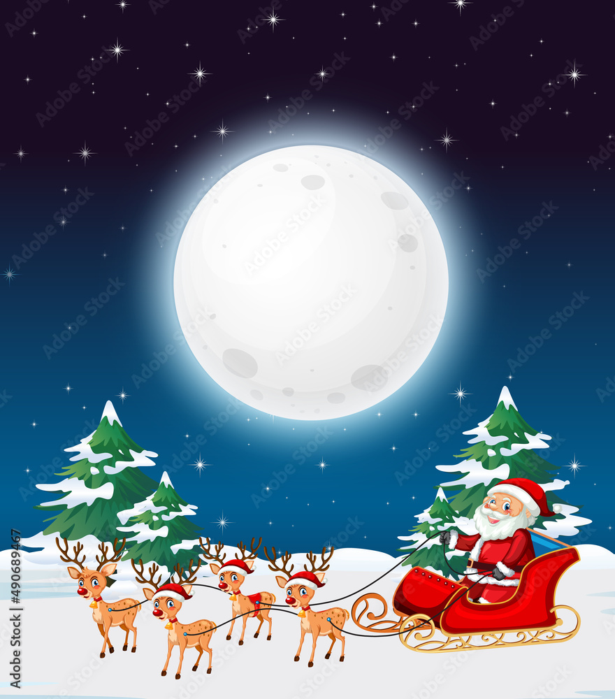 Poster Snowy winter night with Christmas santa claus on sleigh