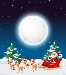 Fototapeta premium Snowy winter night with Christmas santa claus on sleigh