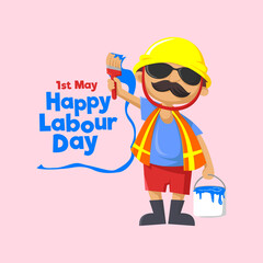 cartoon illustration of worker in helmet holding paint brush