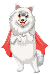 White dog with red cape smiling