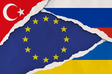 Ukraine, Russia, European union and Turkey flag ripped paper grunge background. Abstract Ukraine Russia politics conflicts, war concept texture background