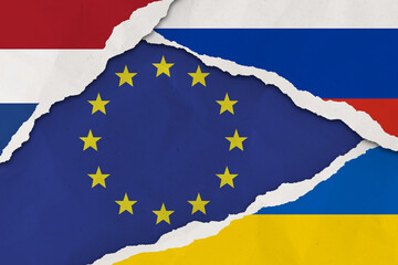 Ukraine, Russia, European union and Netherlands flag ripped paper grunge background. Abstract Ukraine Russia politics conflicts, war concept texture background