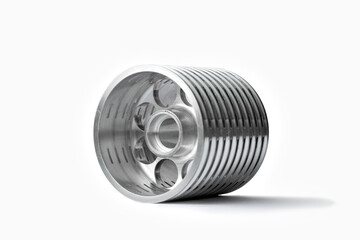 light aluminum part of a cylindrical shape with slots, grooves and round holes on a white background