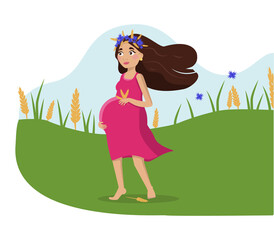 Obraz na płótnie Canvas Happy pregnant brunette woman with a flower wreath on her head. On the background is a blue sky, a field or clearing, grass and ears of cereals. Vector graphic.
