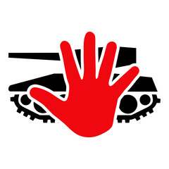 No a la guerra. Silueta de mano sobre tanque en color rojo y negro