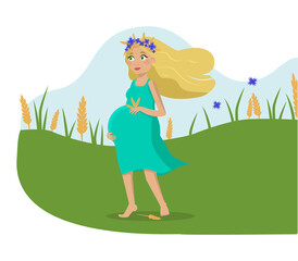 Obraz na płótnie Canvas Happy pregnant blonde woman with a flower wreath on her head. Blue sky, a field or clearing, grass and ears of cereals. Vector graphic.
