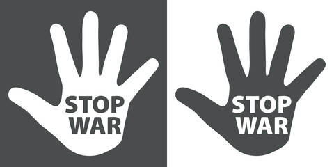 No a la guerra. Mensaje Stop War sobre silueta de mano en fondo gris y fondo blanco - obrazy, fototapety, plakaty