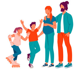 Obraz premium Happy family of mother, father and two children. Contemporary family cartoon characters, flat vector illustration isolated on white background.