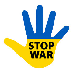 No a la guerra. Mensaje Stop War sobre silueta de mano en color azul y amarillo. Bandera de Ucrania