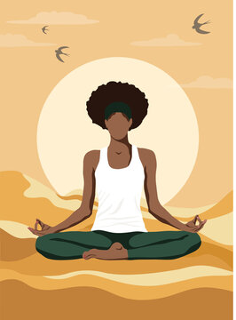 a black woman in a lotus position meditates in the desert against the background of a sunset