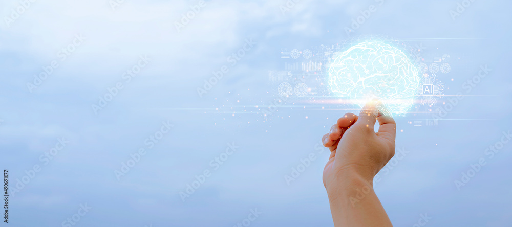 Poster abstract palm hands touching brain with network connections, innovative technology in science