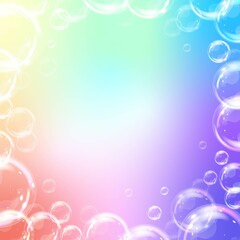 Vector background with realistic soap bubbles on iridescent gradient