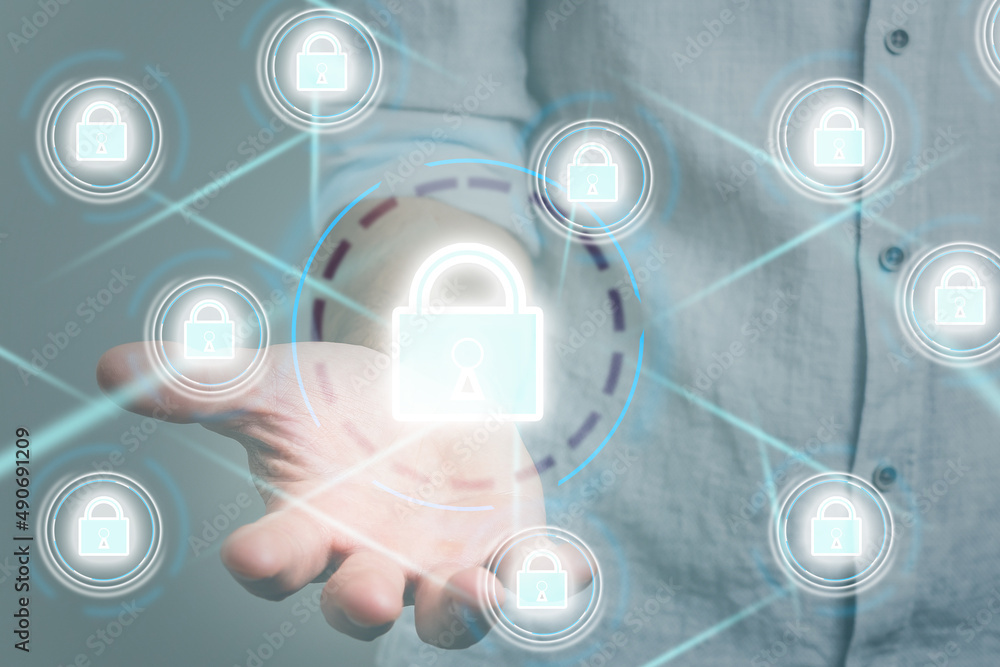 Poster cyber security network. padlock icon and internet technology networking. businessman protecting data