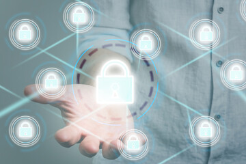 Cyber security network. Padlock icon and internet technology networking. Businessman protecting data personal information on tablet and virtual interface. Data protection privacy concept.