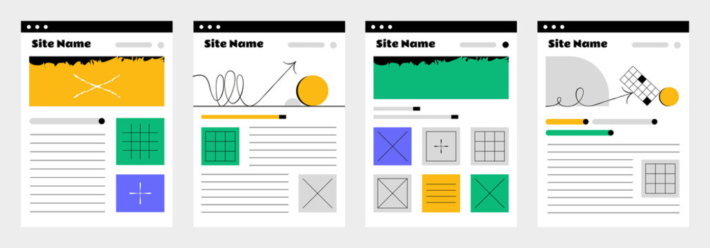Set of four website mockup wireframe ui templates for sitemap 