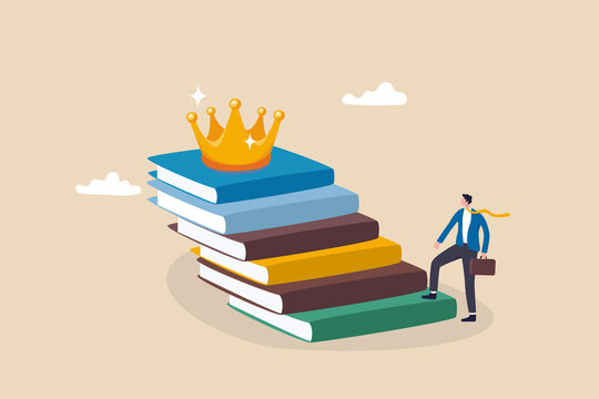 Education or knowledge steps to success, learning or study for skill development to achieve business success concept, businessman step up on stack of books as staircase to achieve crown at the top.