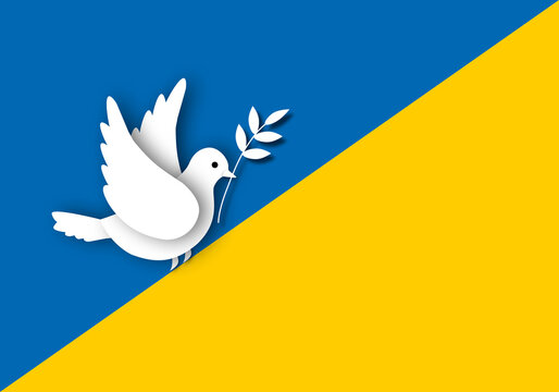 Paper white dove or pigeon carrying olive branch flying on Ukrainian flag background, Concept for Peace and stop the war, space for the text, paper cut design style.
