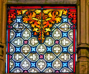 Stained glass decoration at catholic cathedral in Brussels, Belgium.