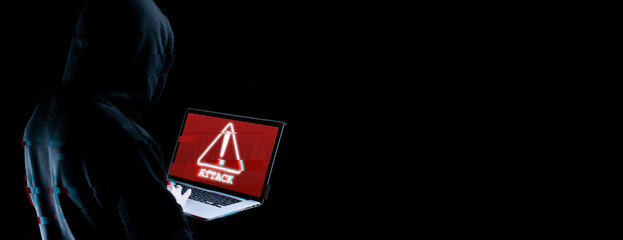 Cyber hacker attack concept. Internet web hack technology. Blurred Digital laptop in hacker man...