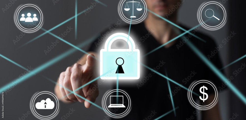 Poster businessman holds an open padlock icon on his palm.unlocking a virtual lock. business concept and te