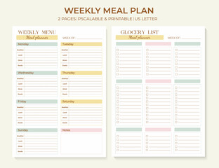 Minimalist Weekly Meal Planner printable template. Meal planning and groceries list. Healthy meal plan for diet and food. Vector template.