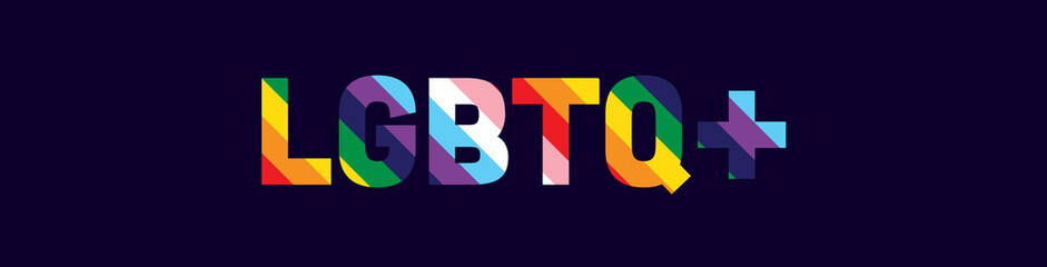 LGBTQ Pride Banner. LGBTQ+ Typography with Rainbow Flag Stripe Pattern Isolated on Dark Blue Background.  - 490694812