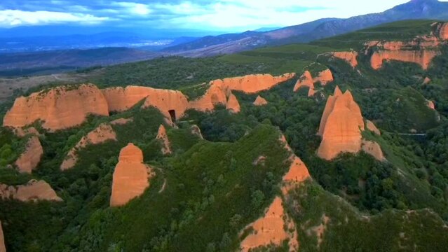 Aerial View Over Las Medulas Gold Mine In Leon Spain. Pedestal Up