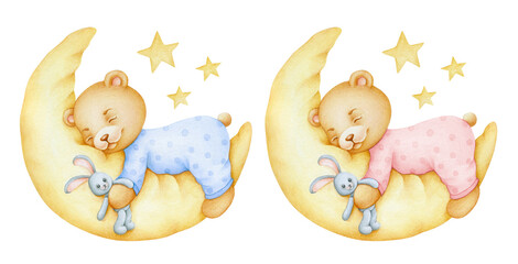 Cute slepping teddy bear on the moon; watercolor hand draw illustratuion