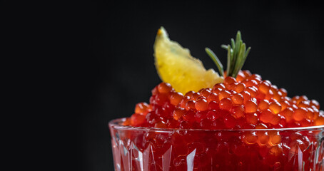 Close-up salmon caviar,Delicious red caviar. Delicatessen. Gourmet food. Seafood. appetizer, selective focus, place for text