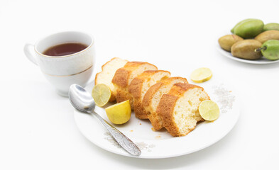 cake with tea isolate on white background, top view