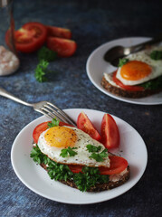 Sandwiches with fried eggs and tomatoes