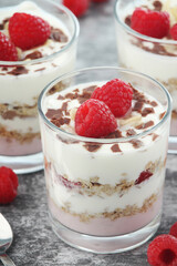 Granola with yogurt trifles with raspberry