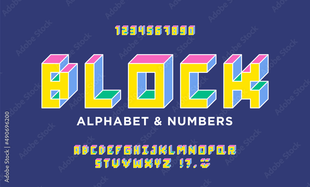 Poster colorful isometric 3d alphabet. retro cubic font. letters and numbers in the style of 80s, 90s. flat