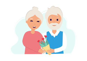 Old couple. Senior man giving flowers to his wife. Happy pensioners together. International Day of Older Persons. Vector illustration in flat style