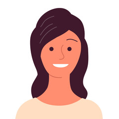 Young beauty girl with a happy smile on face. Brunette hair. Avatar female. Flat vector illustration isolated on white background