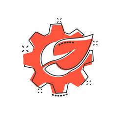 Leaf and gear icon in comic style. Cog with plant cartoon vector illustration on white isolated background. Eco machine splash effect sign business concept.