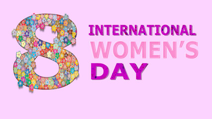 Banner for the International Women's Day. Flyer for March 8 with the decor of flowers. Invitations with the number 8 in the style of cut paper with a pattern of spring plants, leaves and flowers