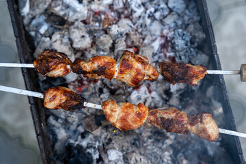 Georgian national dish meat on a spit, grilled on a large metal grill with hot charcoal, the meat is golden brown.