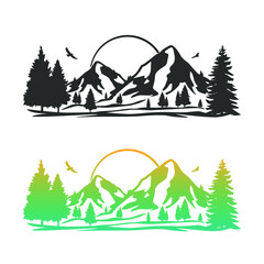 Mountain Landmark Illustration Clip Art Design Shape. Adventure Alpine Valley Silhouette Icon Vector.