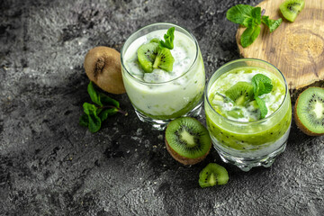 Chia seed pudding made with lactose-free yogurt, kiwi and mint, Delicious breakfast or snack, banner, menu, recipe, place for text,