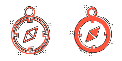 Compass icon in comic style. Navigation equipment cartoon vector illustration on white isolated background. Journey direction splash effect business concept.