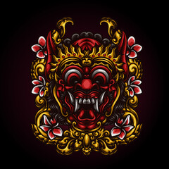 Balinese demon mask with carved ornament vector illustration