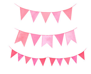 Pink holiday garland with decorative holiday flags.