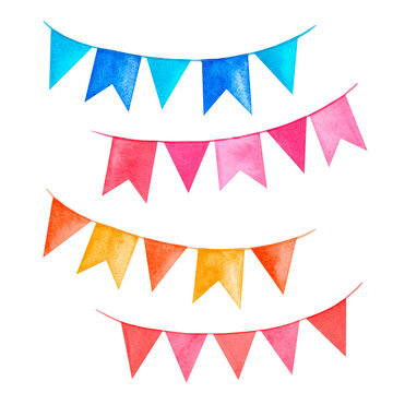 Сolorful holiday garland with decorative holiday flags. Blue. Pink. Yellow.