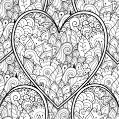 Floral doodle black and white seamless pattern for coloring book. Love mandala outline background. Creative coloring page for adults and kids. Vector illustration