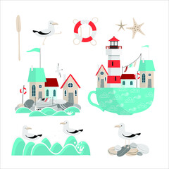 lighthouses set with seagulls on the white background